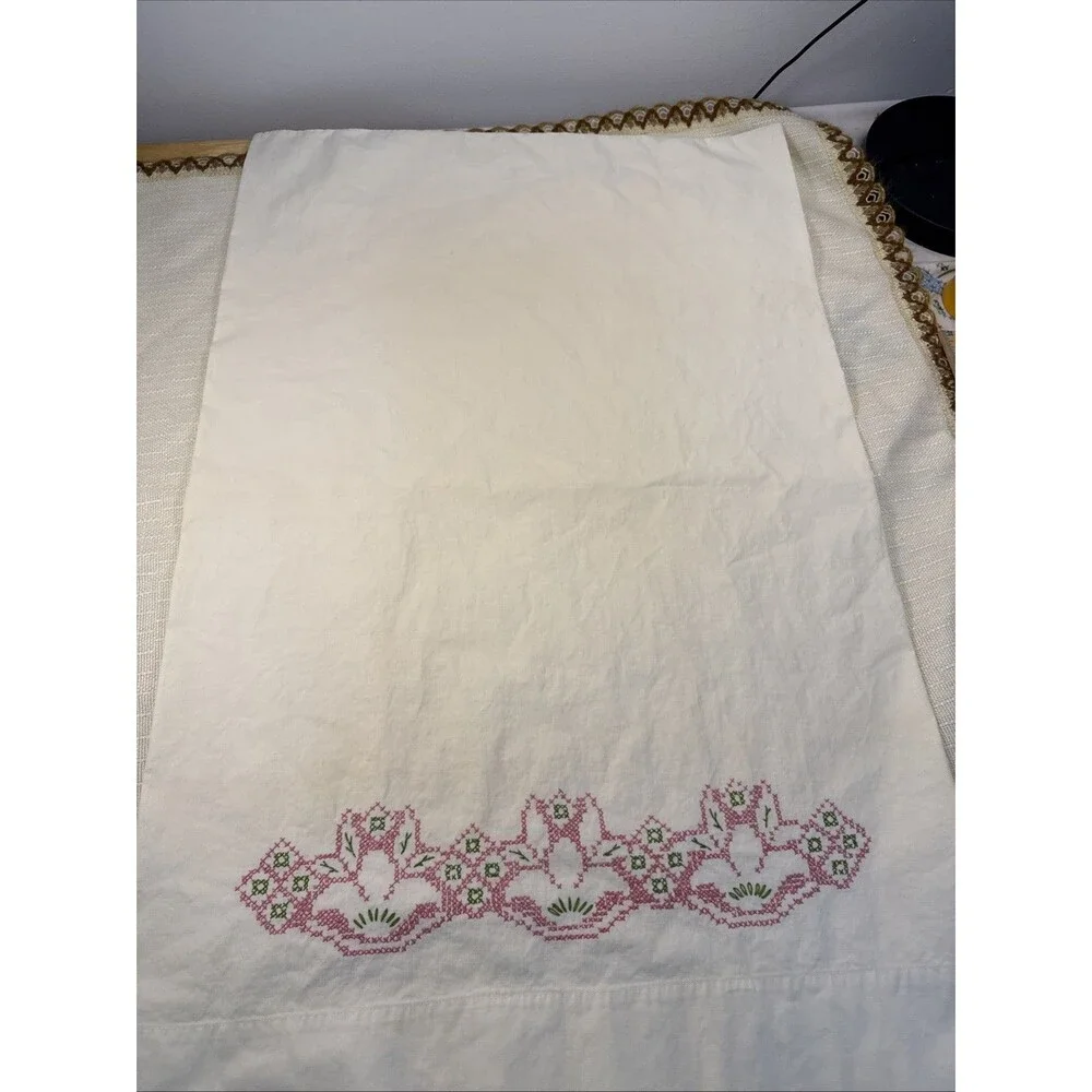 Cross Stitch Floral Pillowcases Set 2 Embroidered Vintage Flowers Read